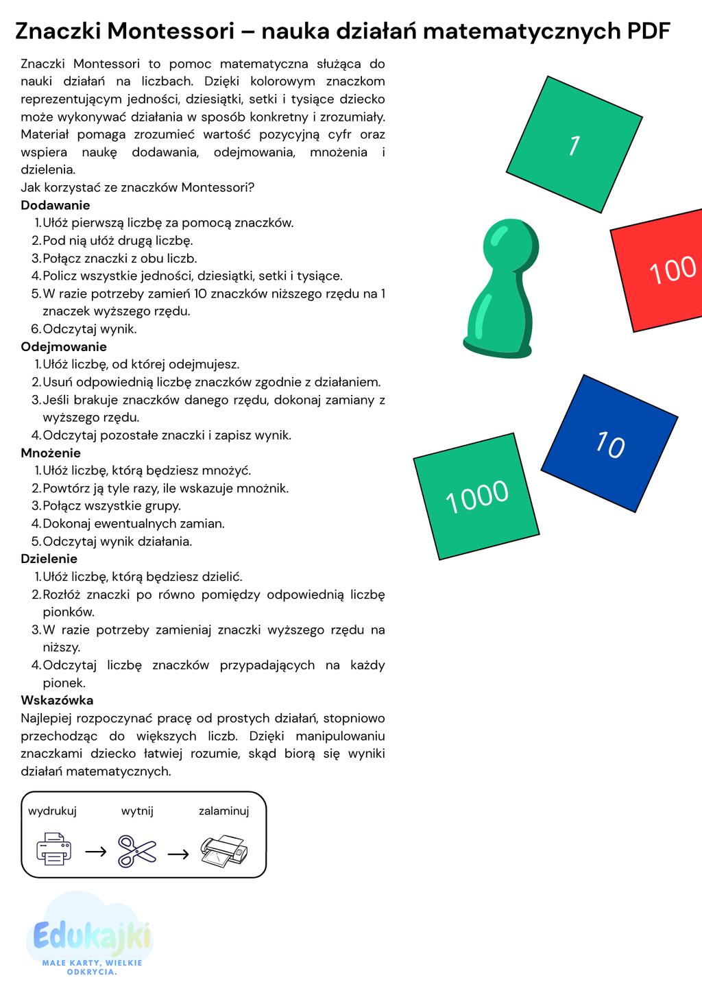 Znaczki Montessori – nauka działań matematycznych PDF