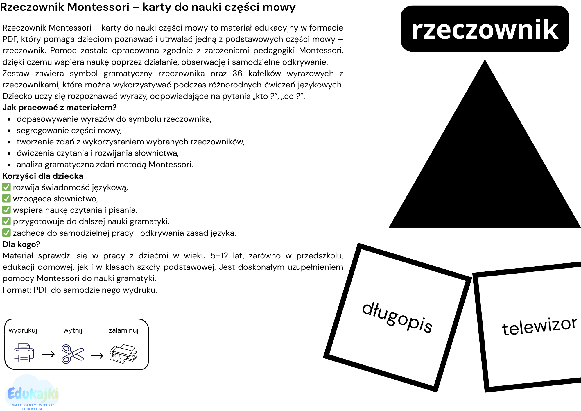 Rzeczownik Montessori – karty do nauki części mowy