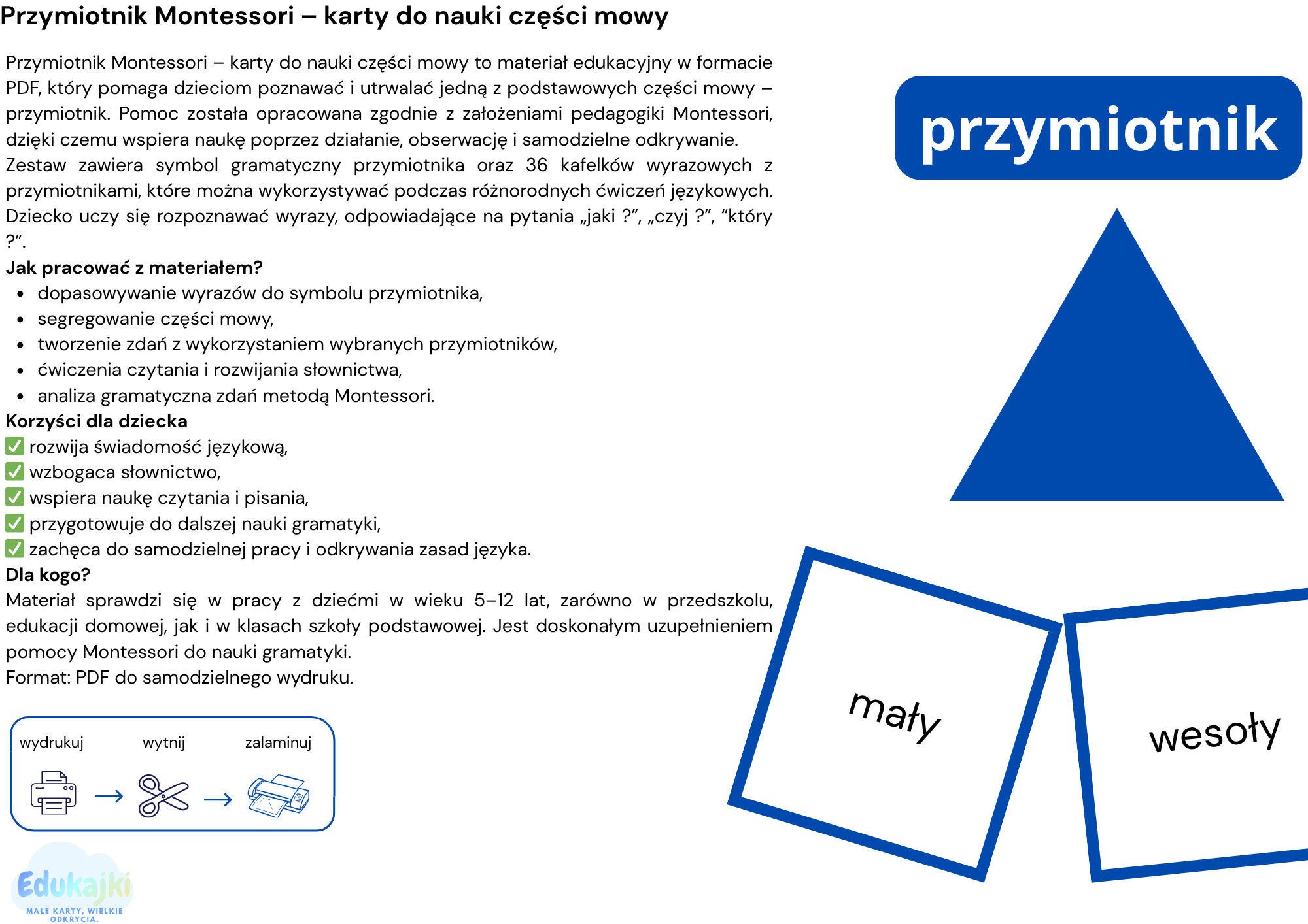 Przymiotnik Montessori – karty do nauki części mowy PDF