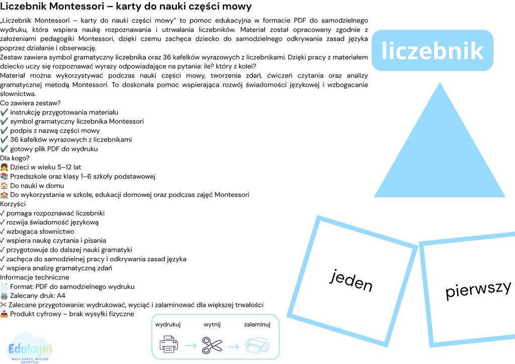 Liczebnik Montessori – karty do nauki części mowy PDF