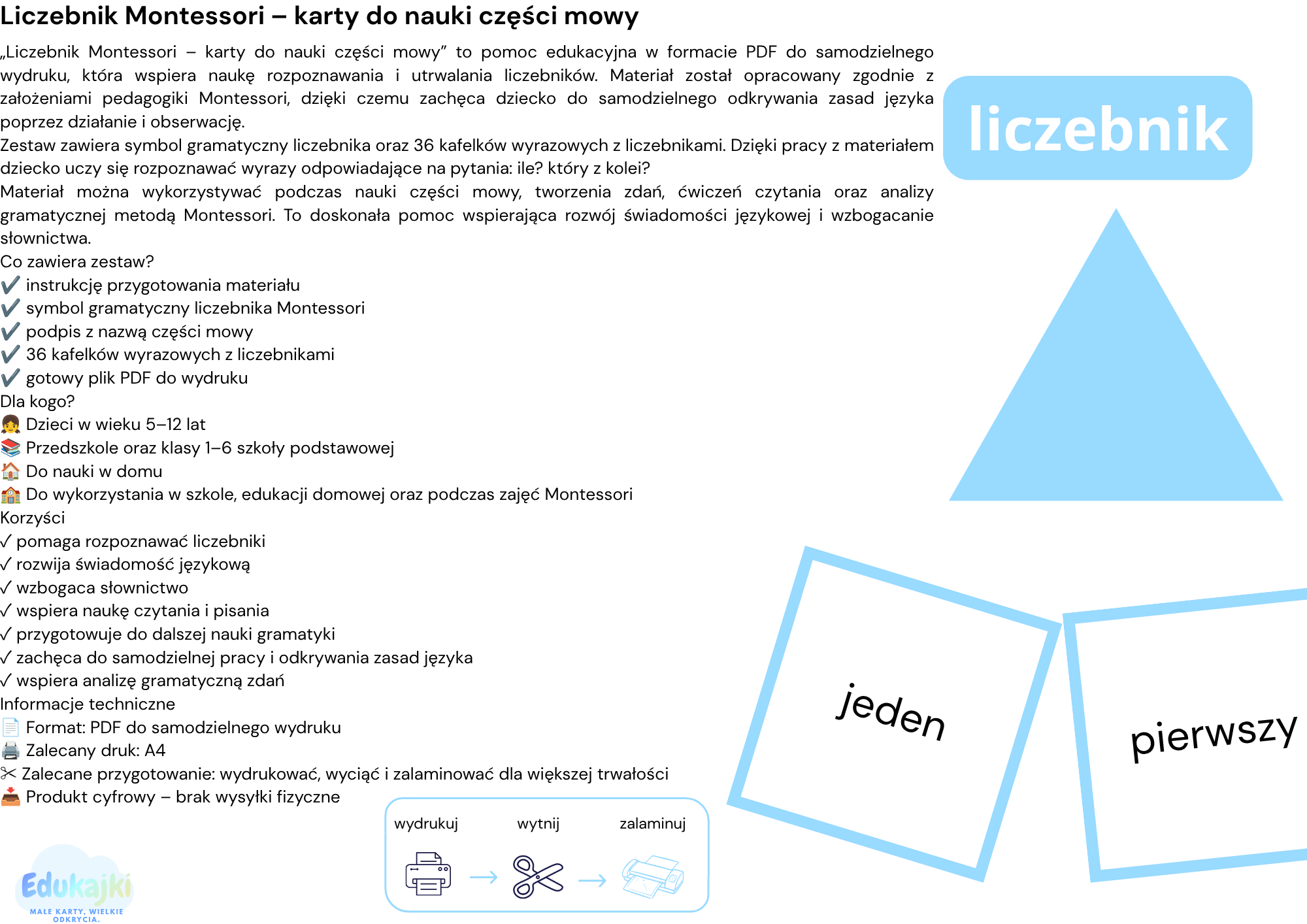 Liczebnik Montessori – karty do nauki części mowy PDF