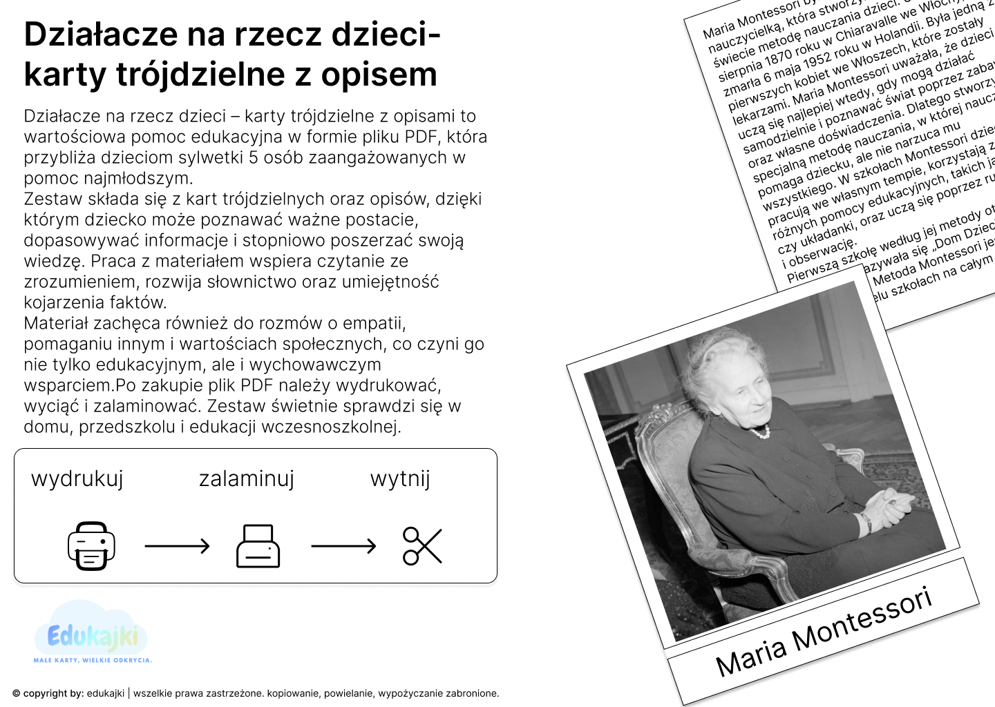 Działacze na rzecz dzieci- karty trójdzielne z opisem.