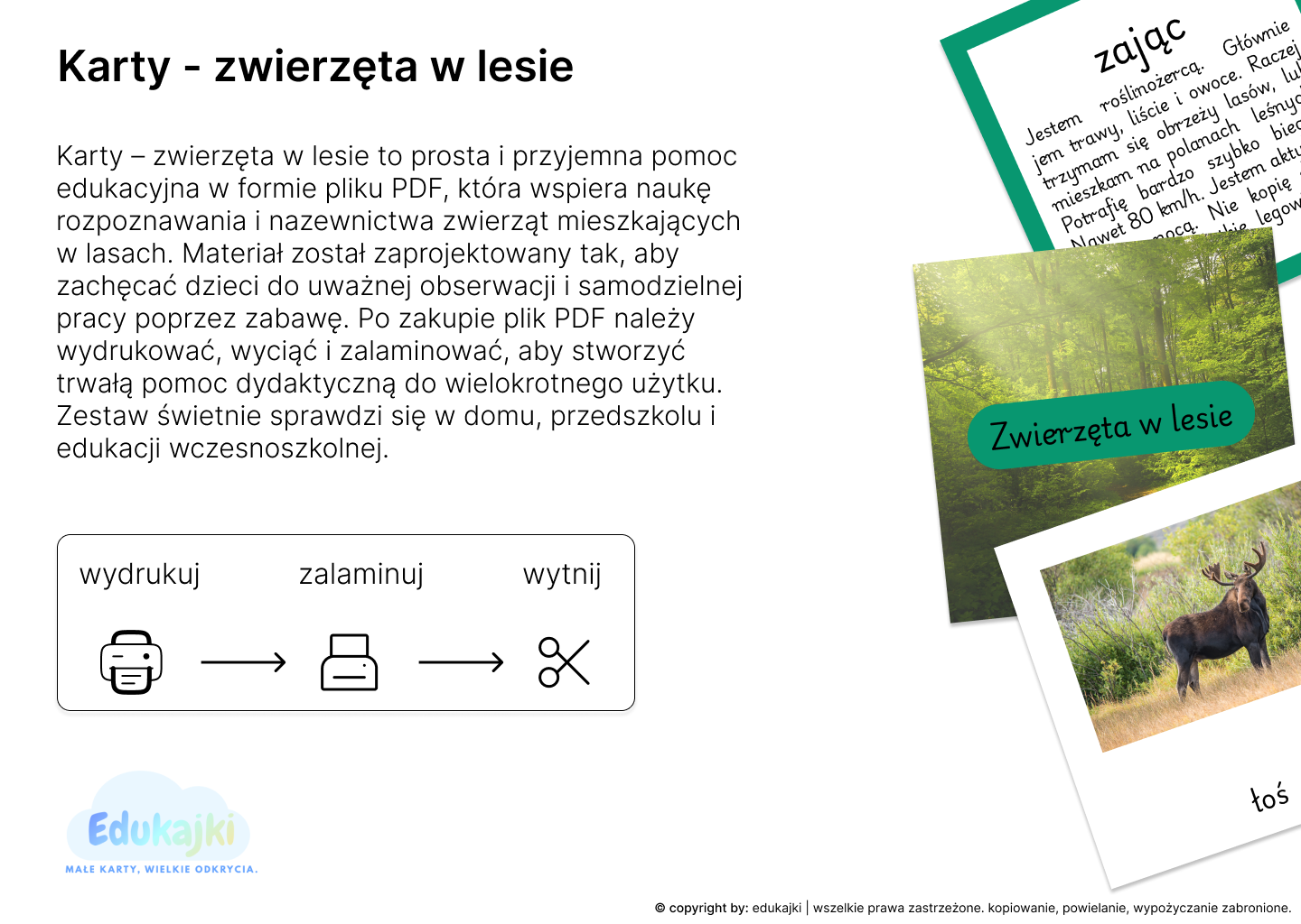 Zwierzęta w lesie- karty trójdzielne z opisem.
