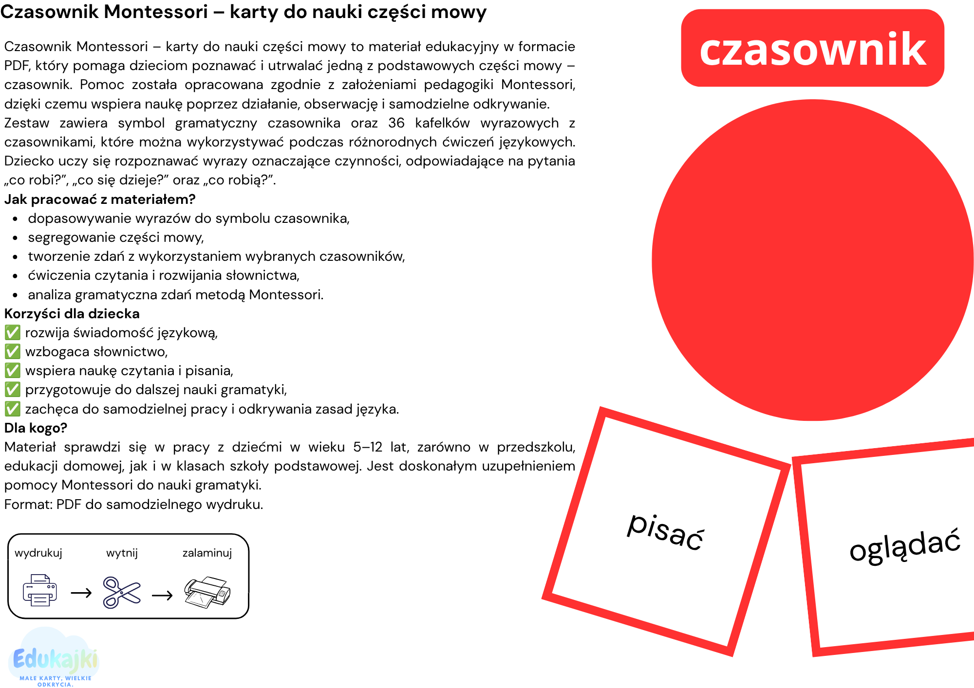Czasownik Montessori – karty do nauki części mowy